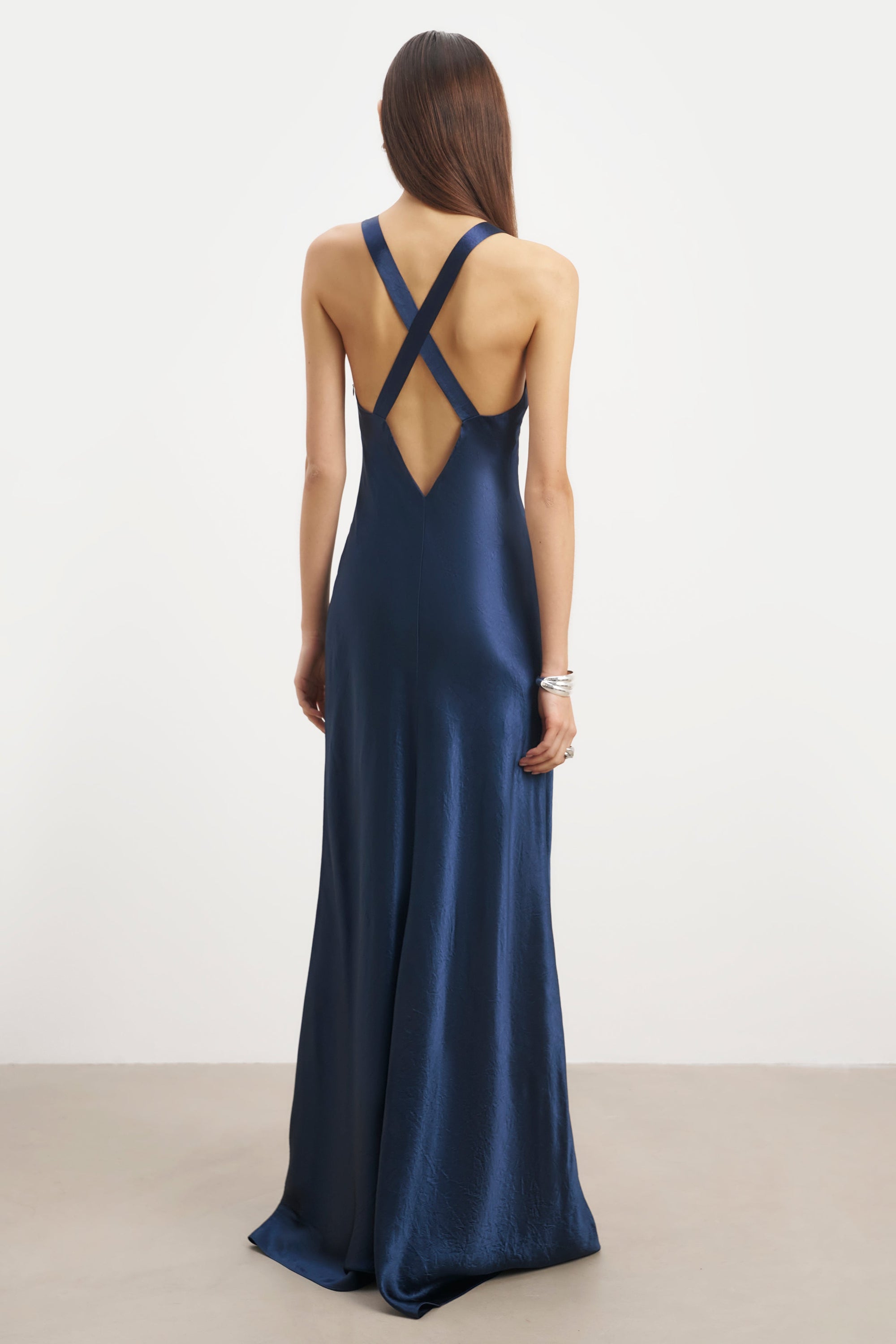Crushed Satin Cross Back Gown - Navy
