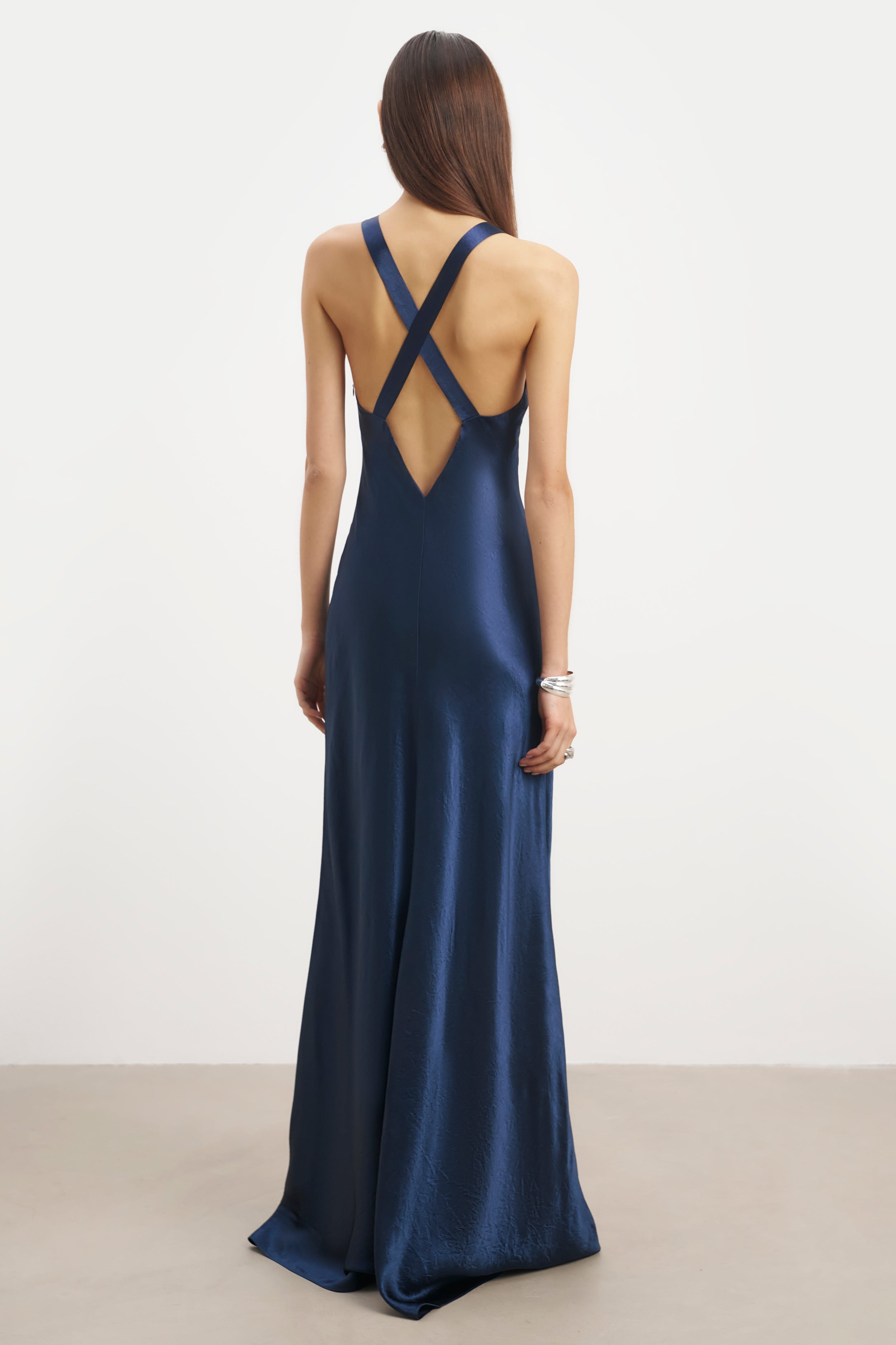 Crushed Satin Cross Back Gown - Navy