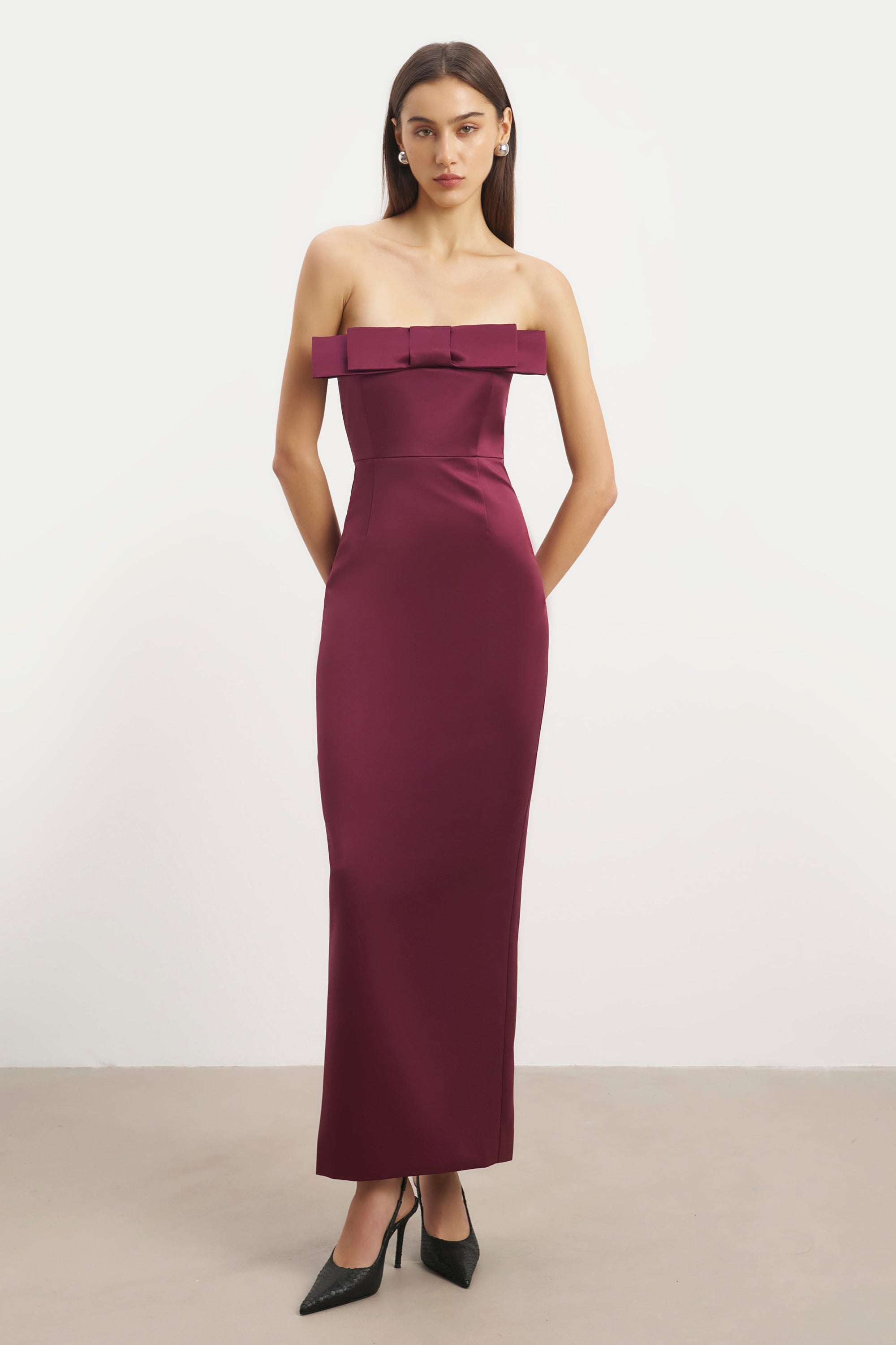 Satin Column Maxi Dress with Bow Detail - Mulberry