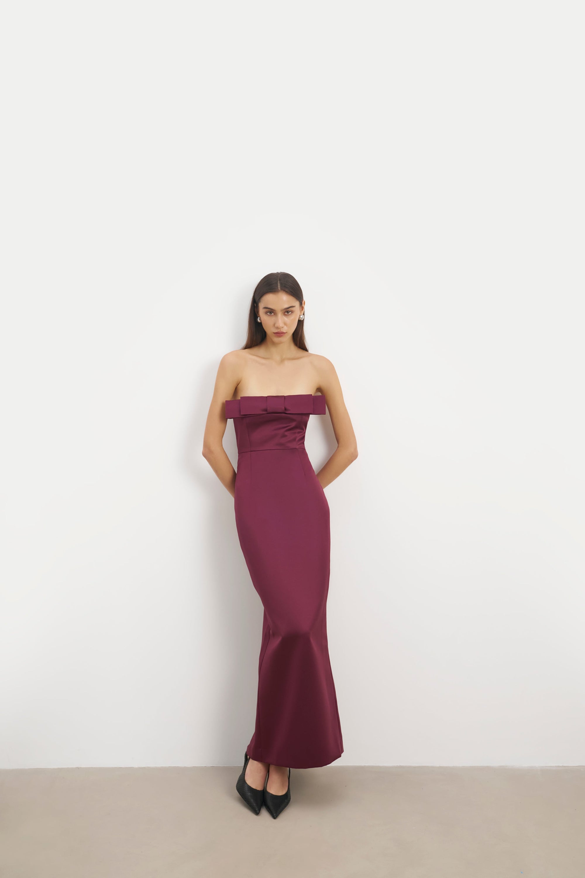Satin Column Maxi Dress with Bow Detail - Mulberry