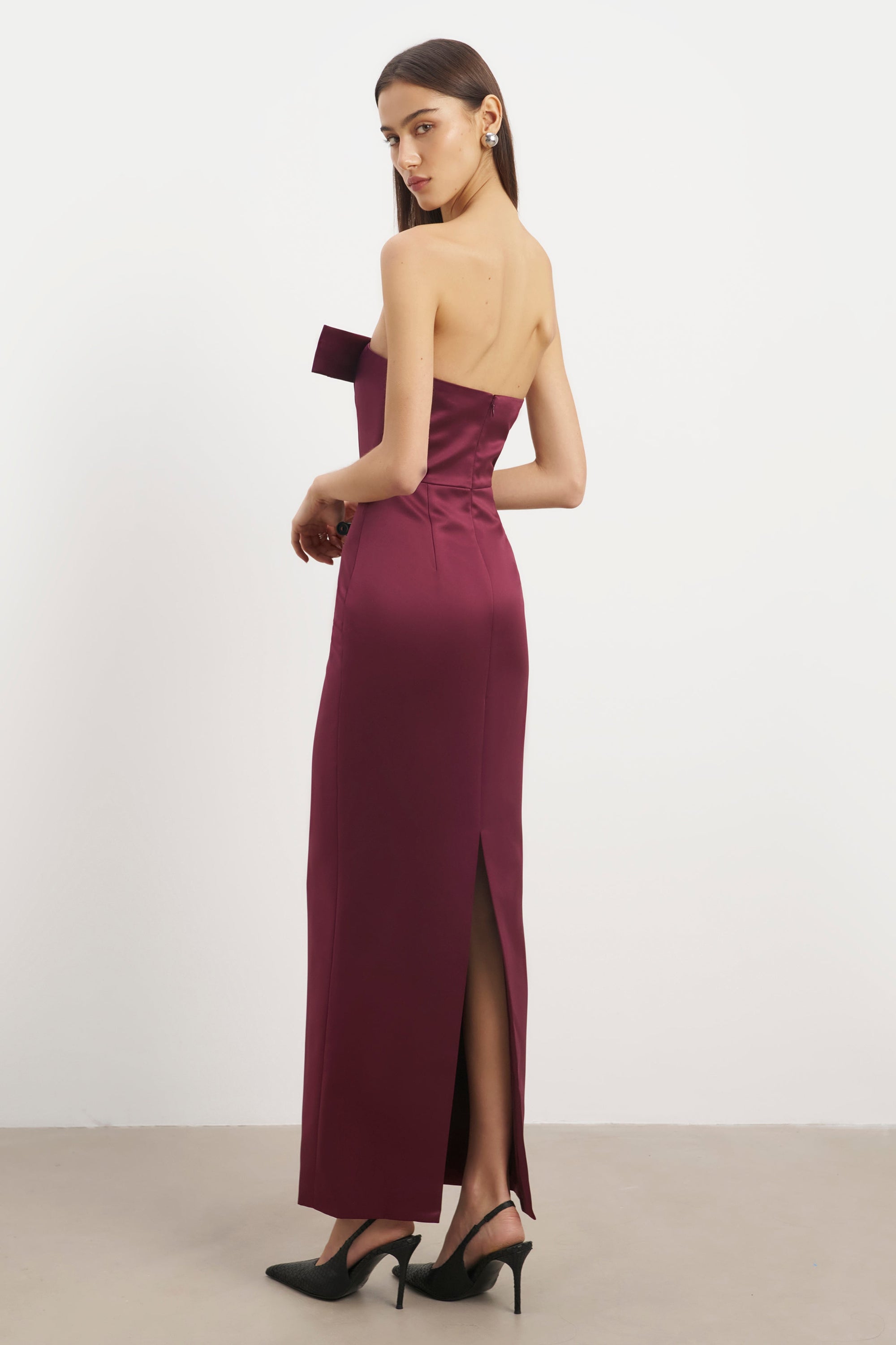 Satin Column Maxi Dress with Bow Detail - Mulberry | BOA Satin Column Maxi Dress with Bow Detail - Mulberry | BOA