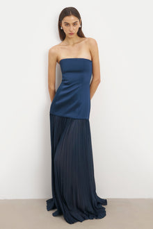 Satin Structured Bodice Gown - Navy