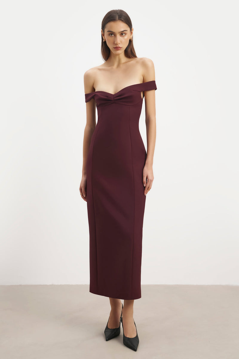Tailored Ruched Bardot Midi Dress - Mulberry