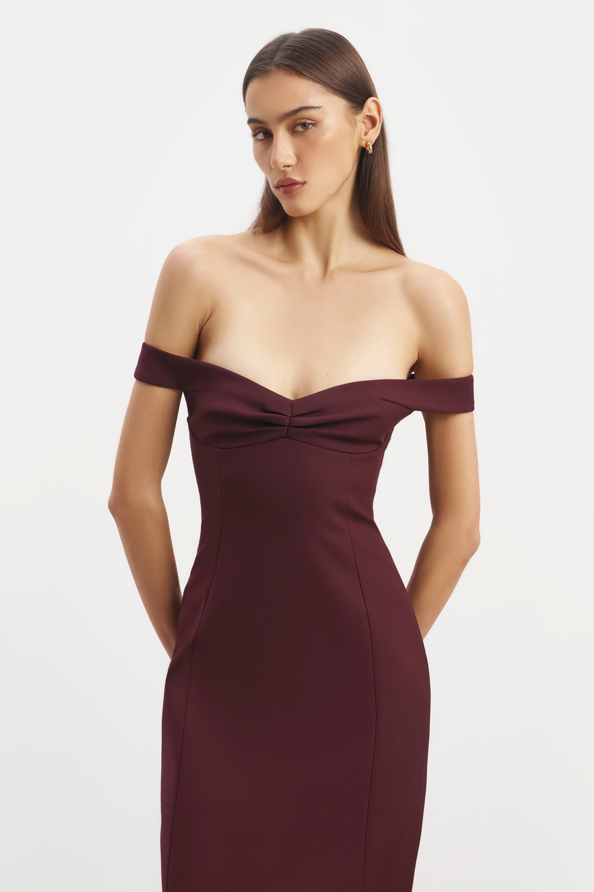 Tailored Ruched Bardot Midi Dress - Mulberry