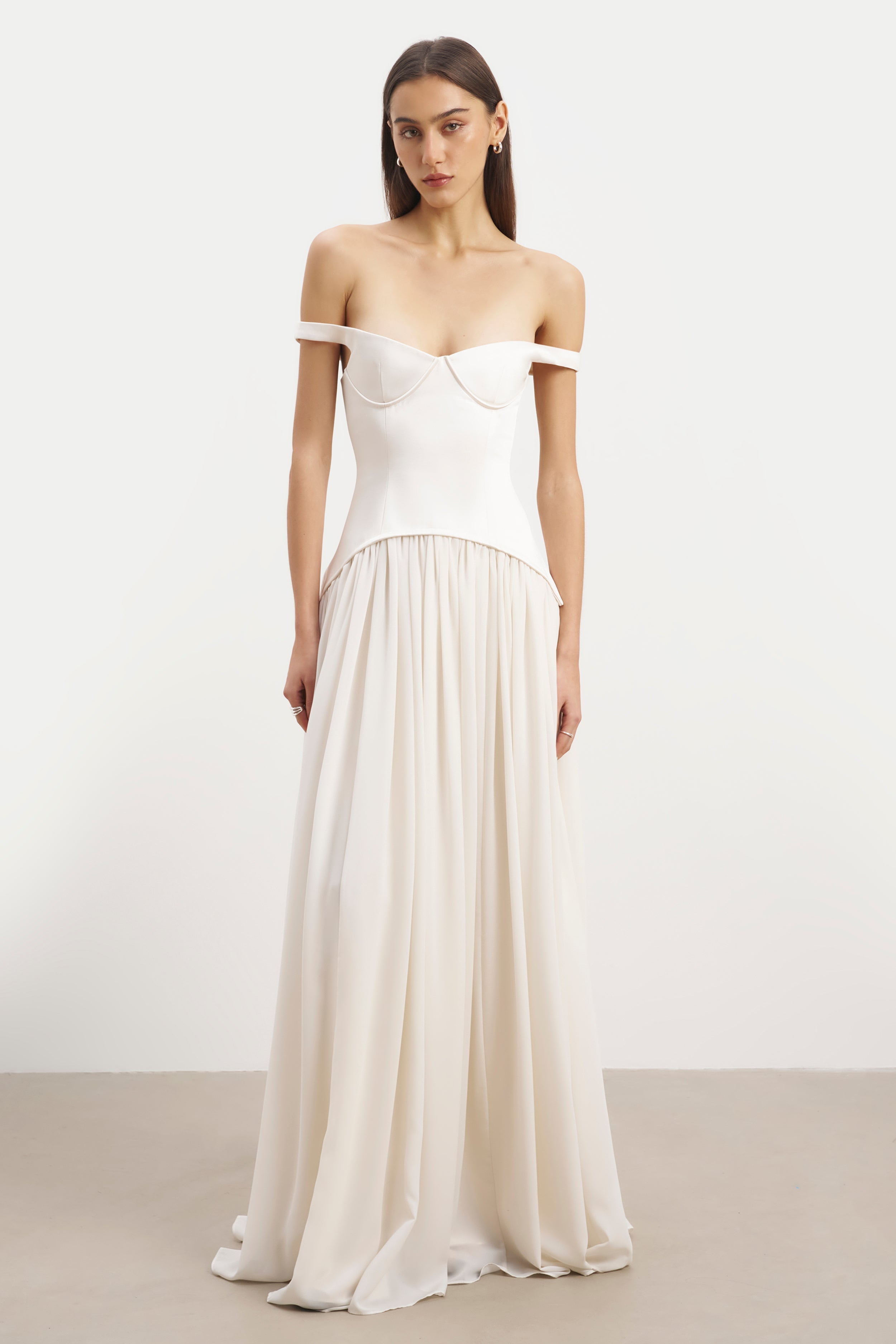 Satin Corset Off Shoulder Gown - Cream