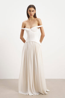 Satin Corset Off Shoulder Gown - Cream