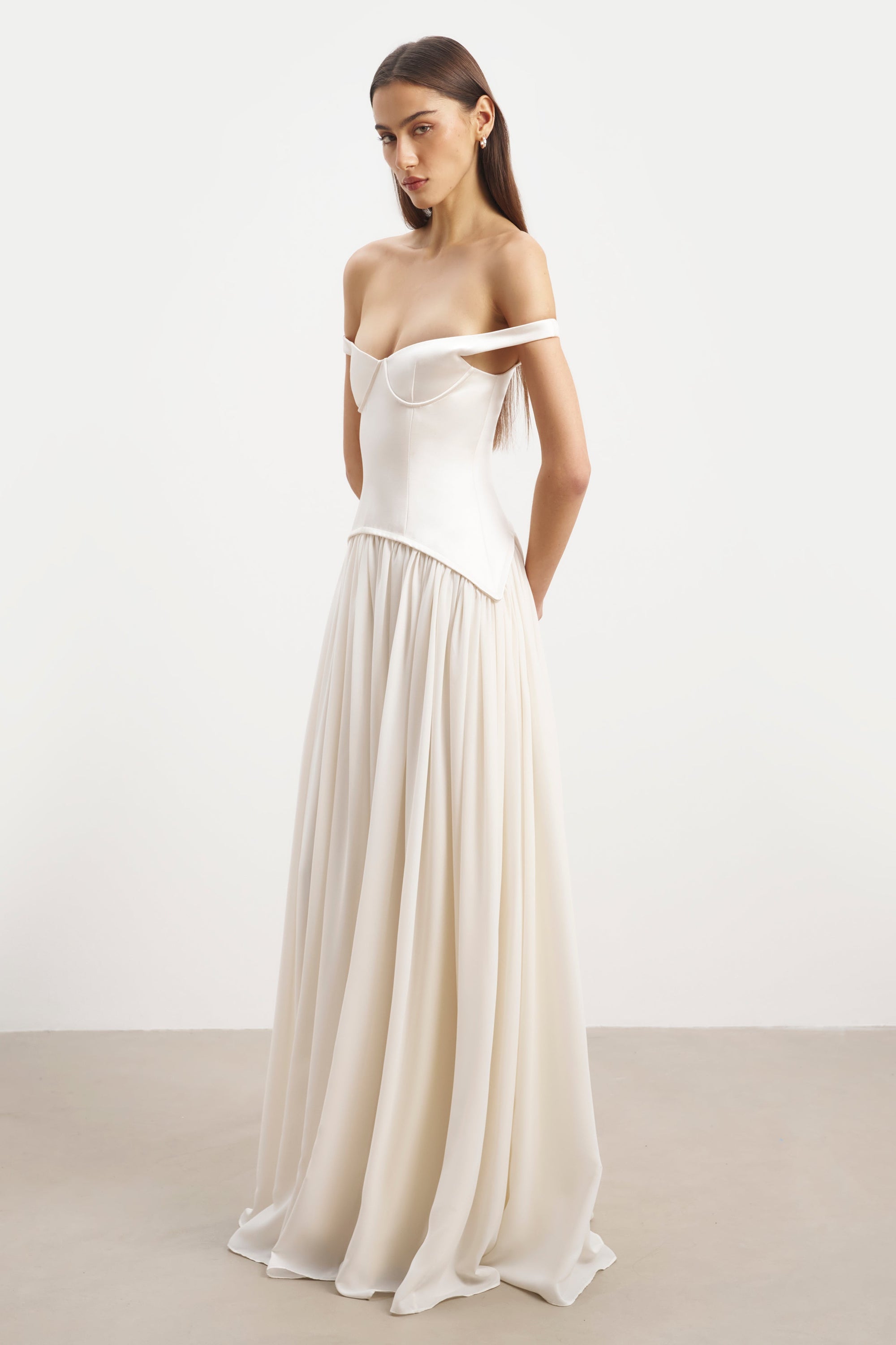 cream off shoulder dress Cream Off Shoulder Ruched Sheer Maxi Dress Beige / 8