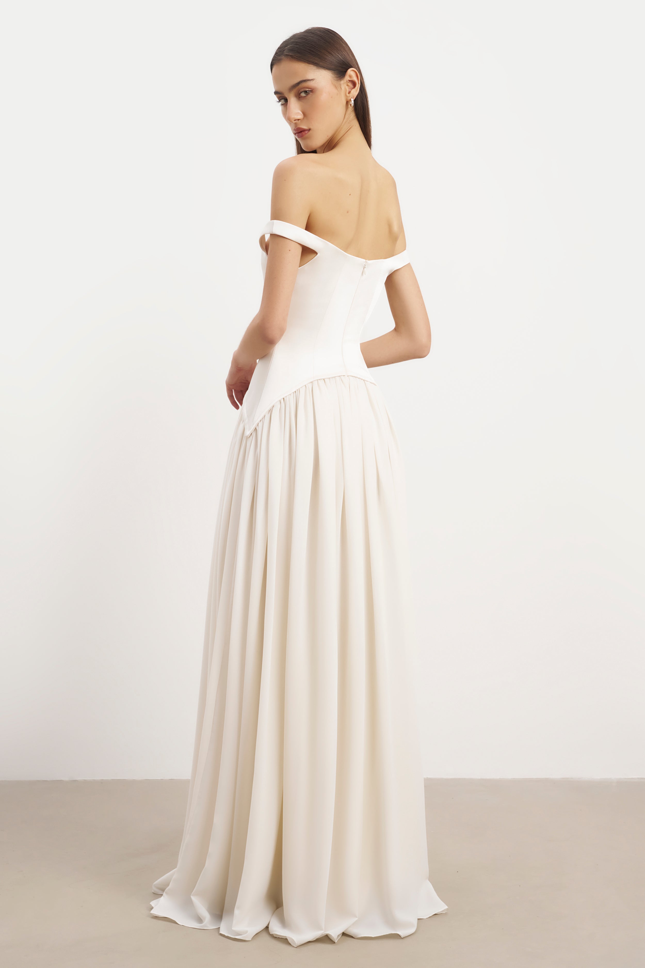 Satin Corset Off Shoulder Gown - Cream