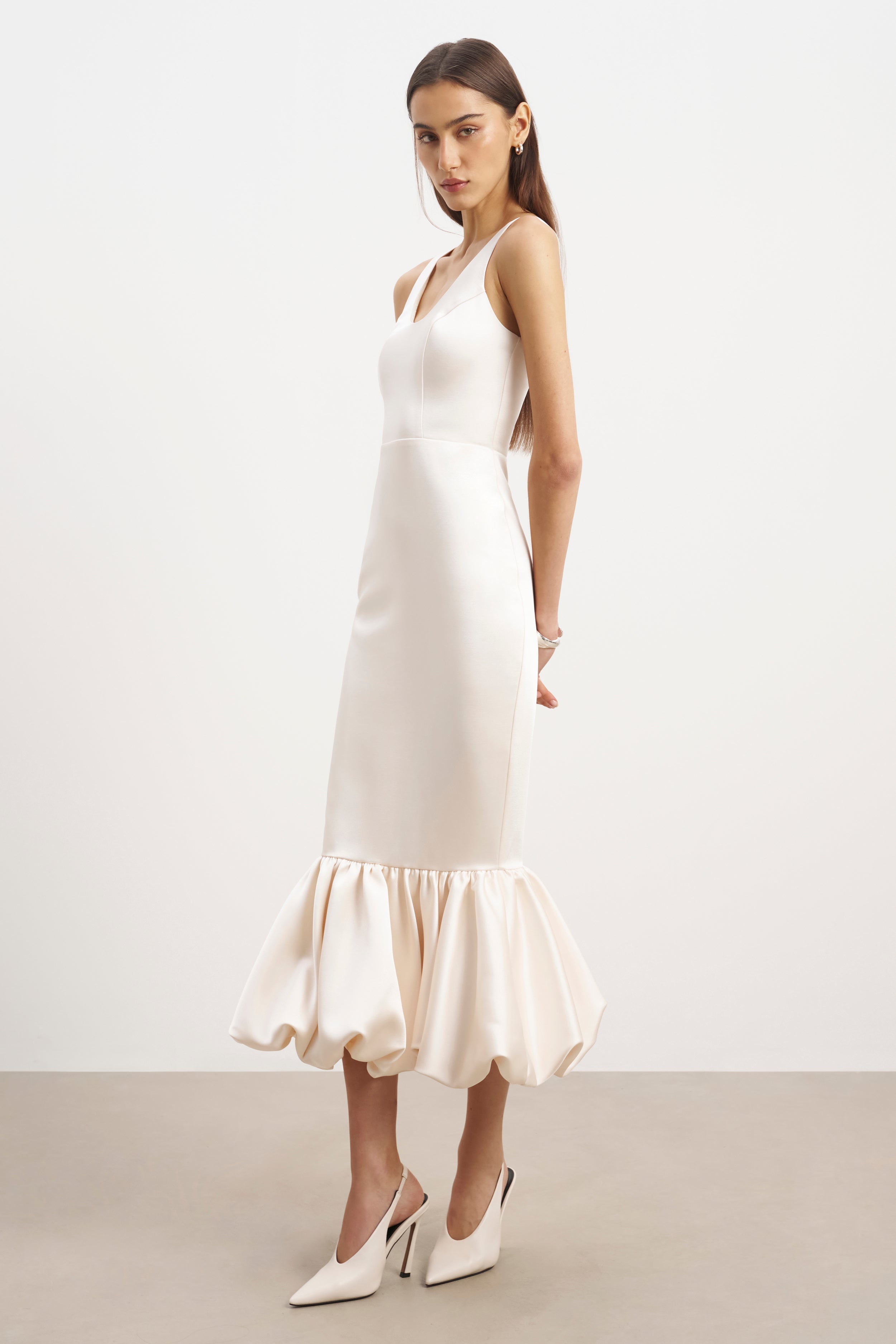 Satin Bubble Hem Midi Dress - Cream