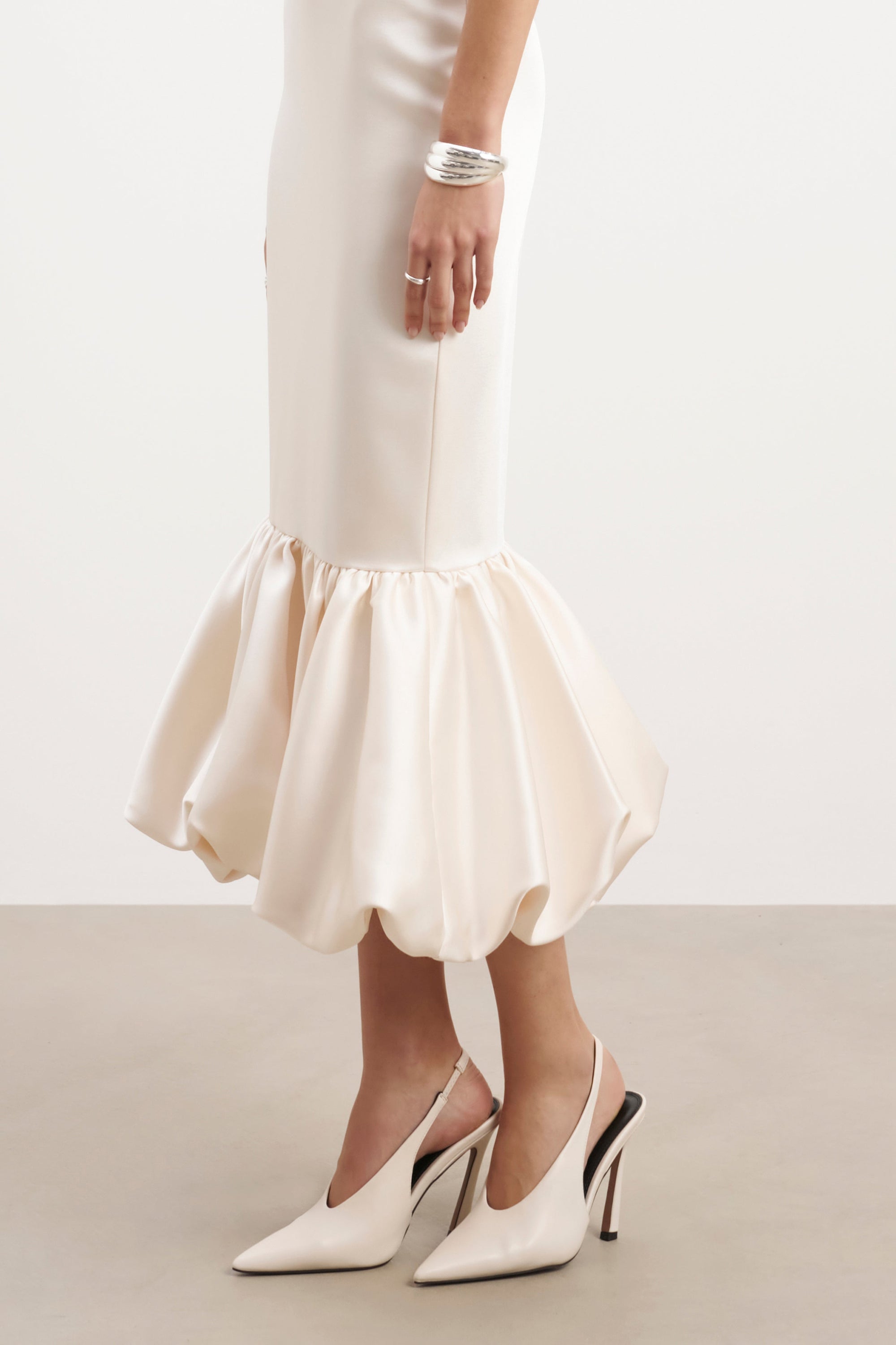 Satin Bubble Hem Midi Dress - Cream