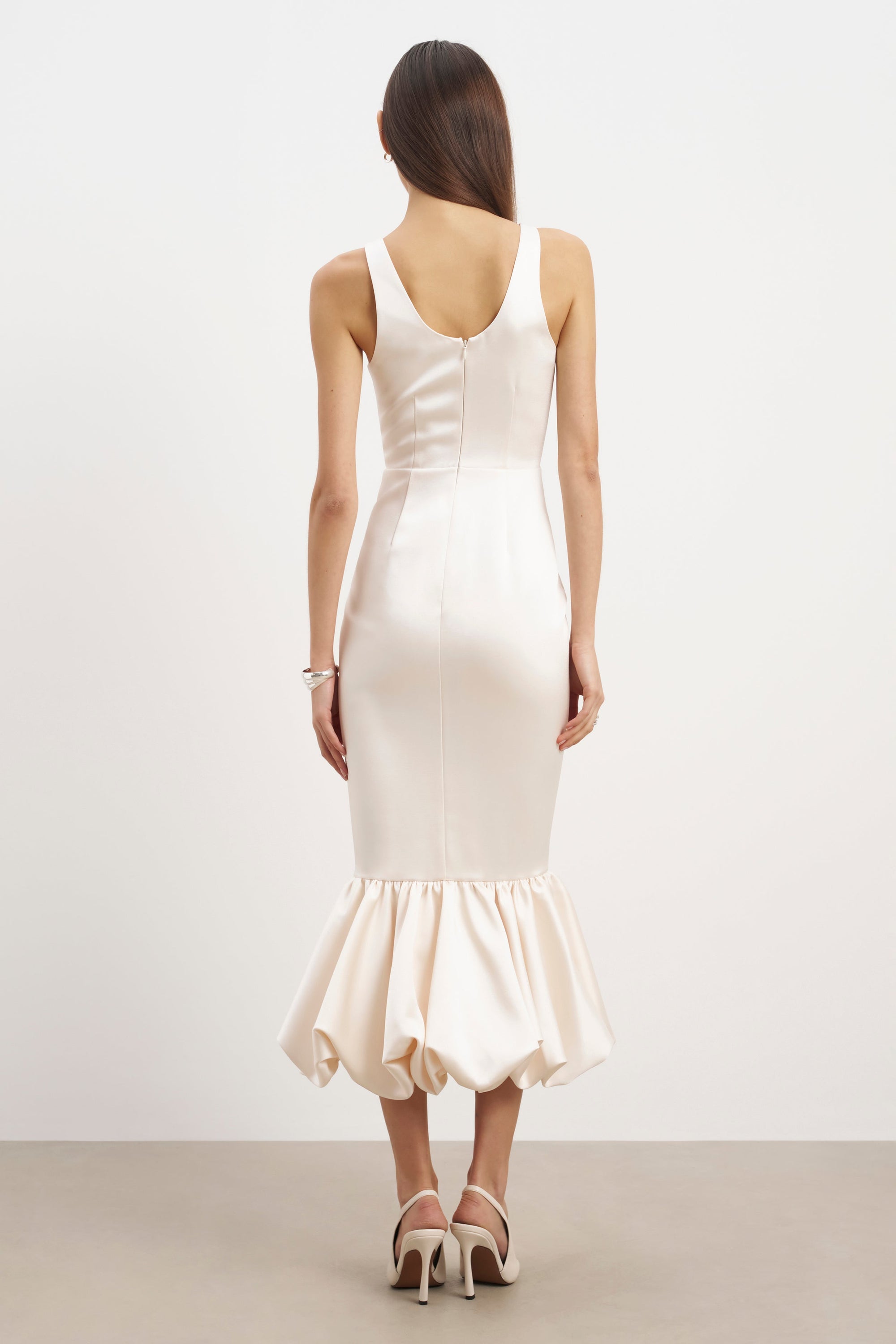 Satin Bubble Hem Midi Dress - Cream Satin Bubble Hem Midi Dress - Cream