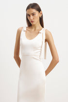 Satin Scoop Neck Gown with Bow Detail - Cream