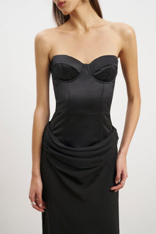 Satin Corset Gown with Draped Hip - Black