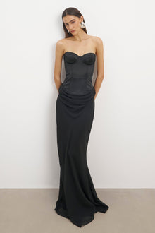 Satin Corset Gown with Draped Hip - Black