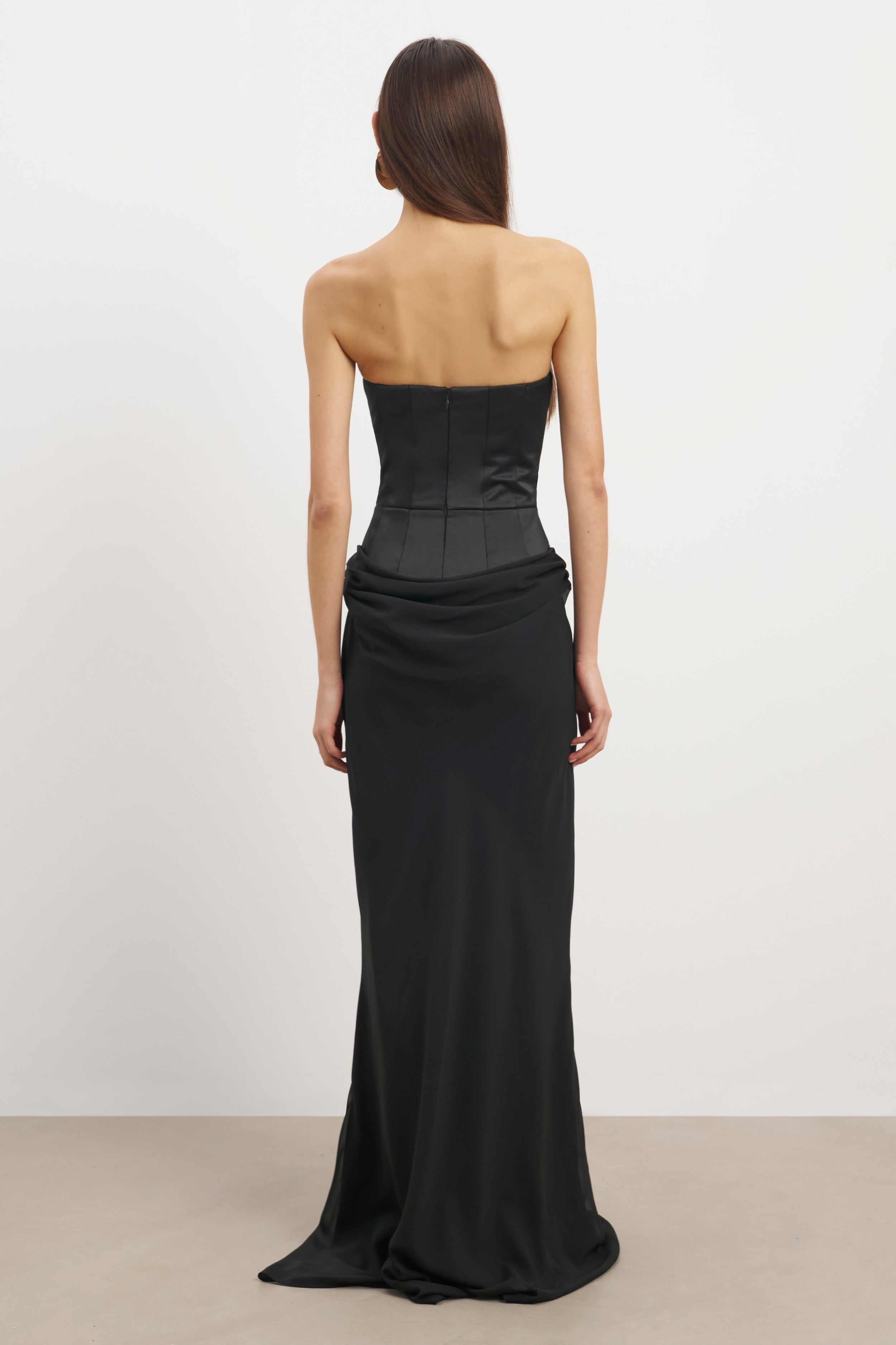 Satin Corset Gown with Draped Hip - Black