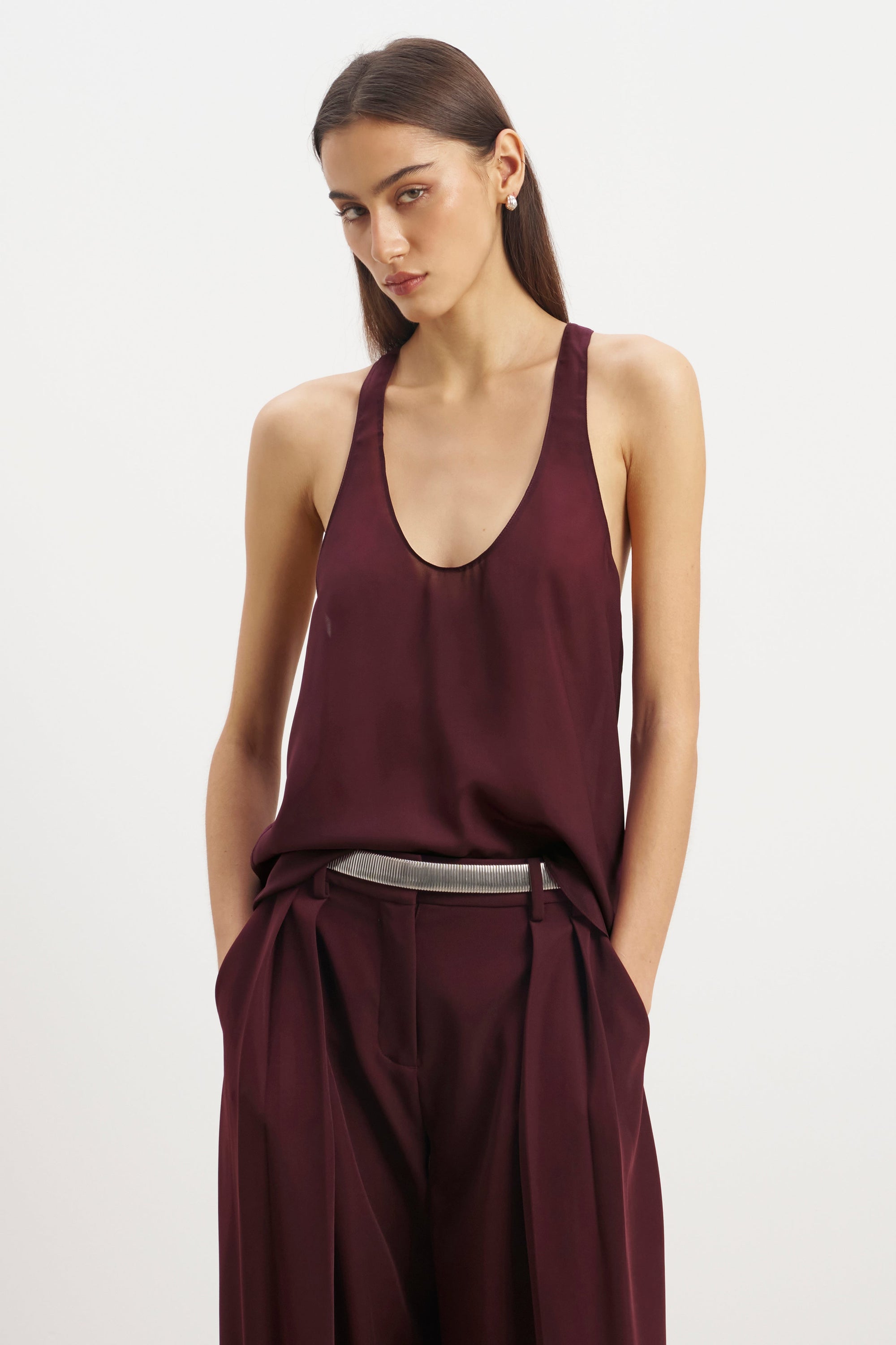 Sheer Plunge U Neck Tank Top - Mulberry