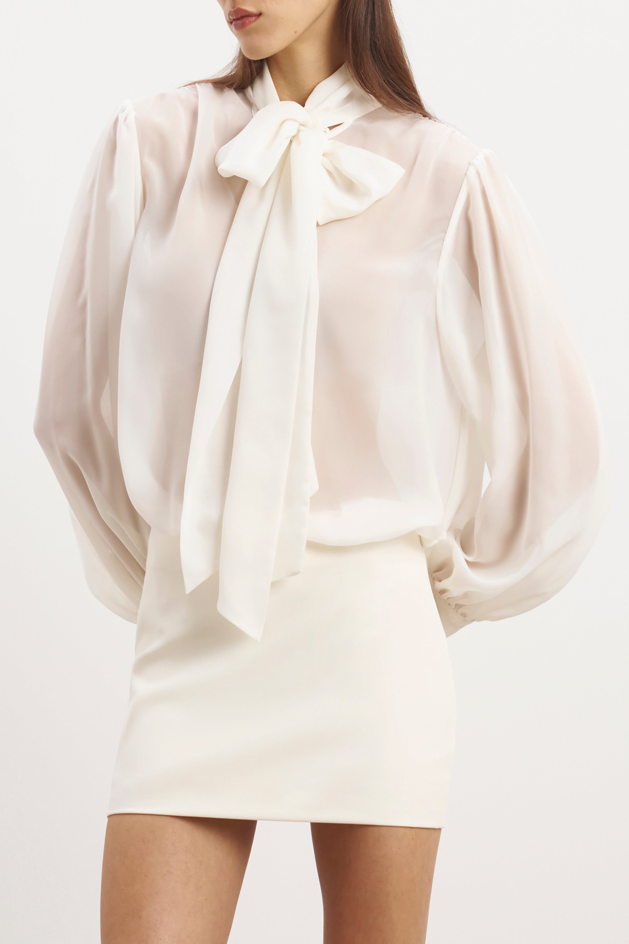 Sheer Chiffon Tie Neck Blouse - Cream