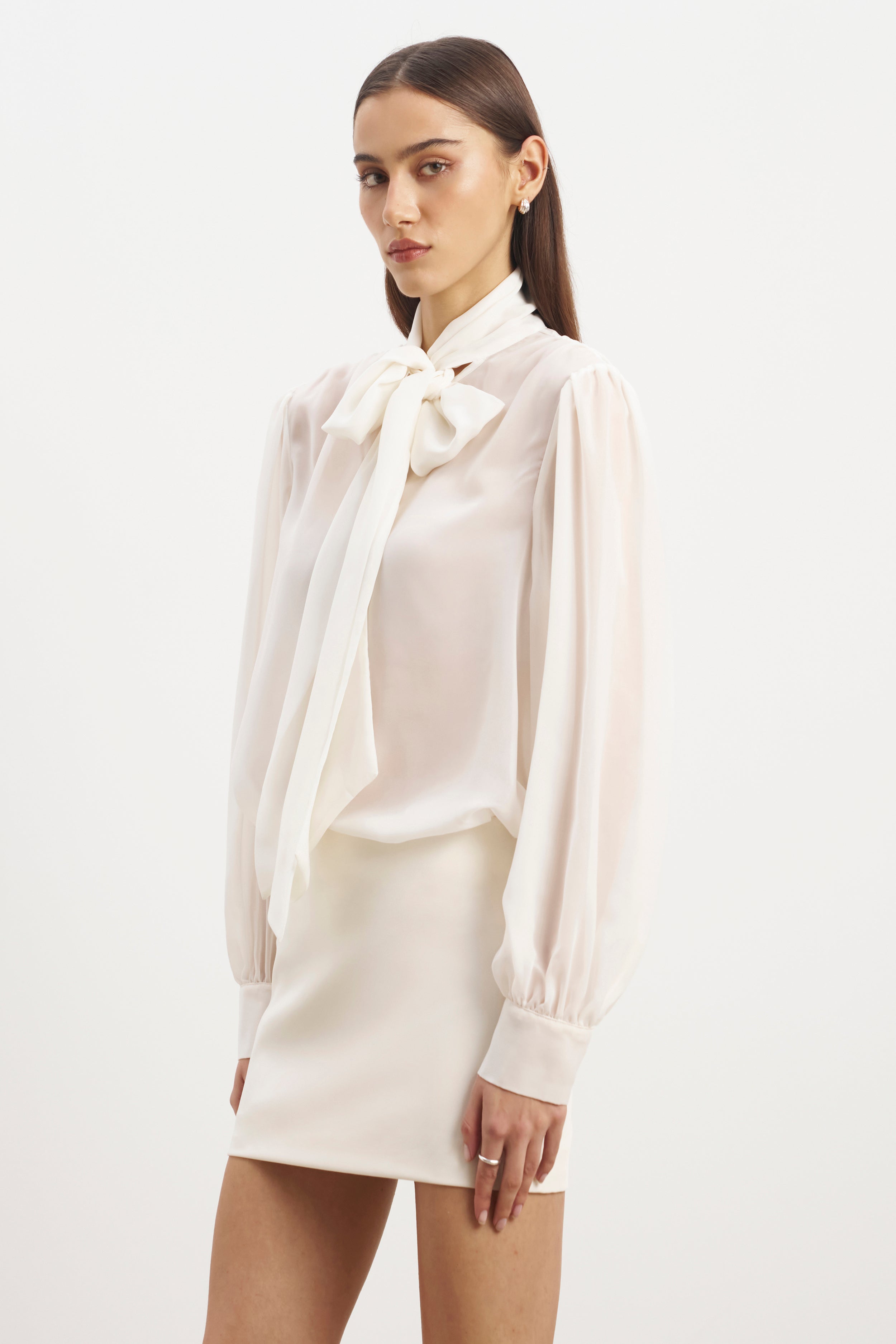 Sheer Chiffon Tie Neck Blouse - Cream | BOA