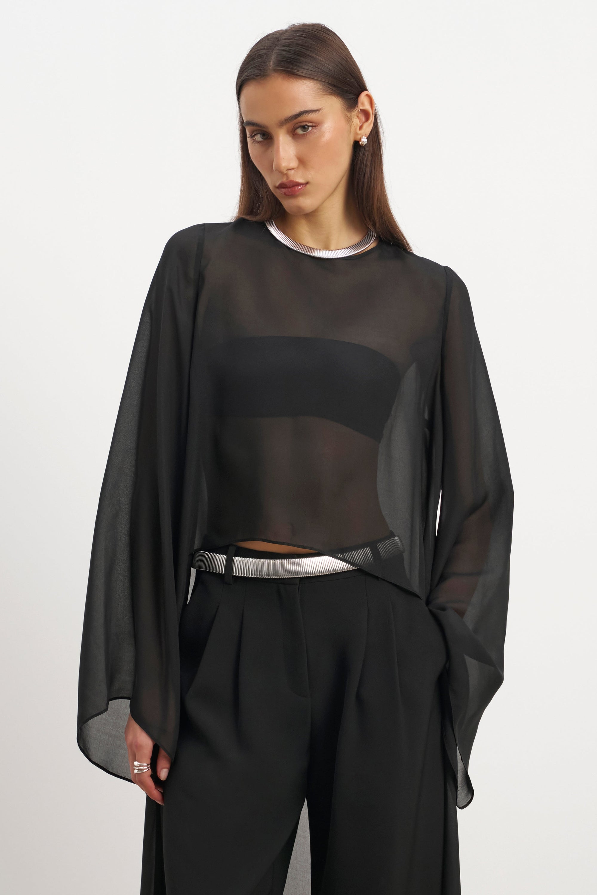 Sheer Chiffon Cape Blouse - Black