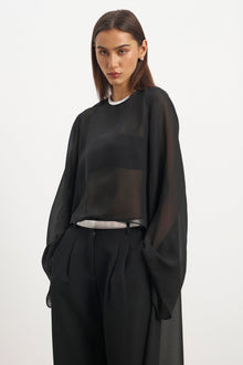 Sheer Chiffon Cape Blouse - Black