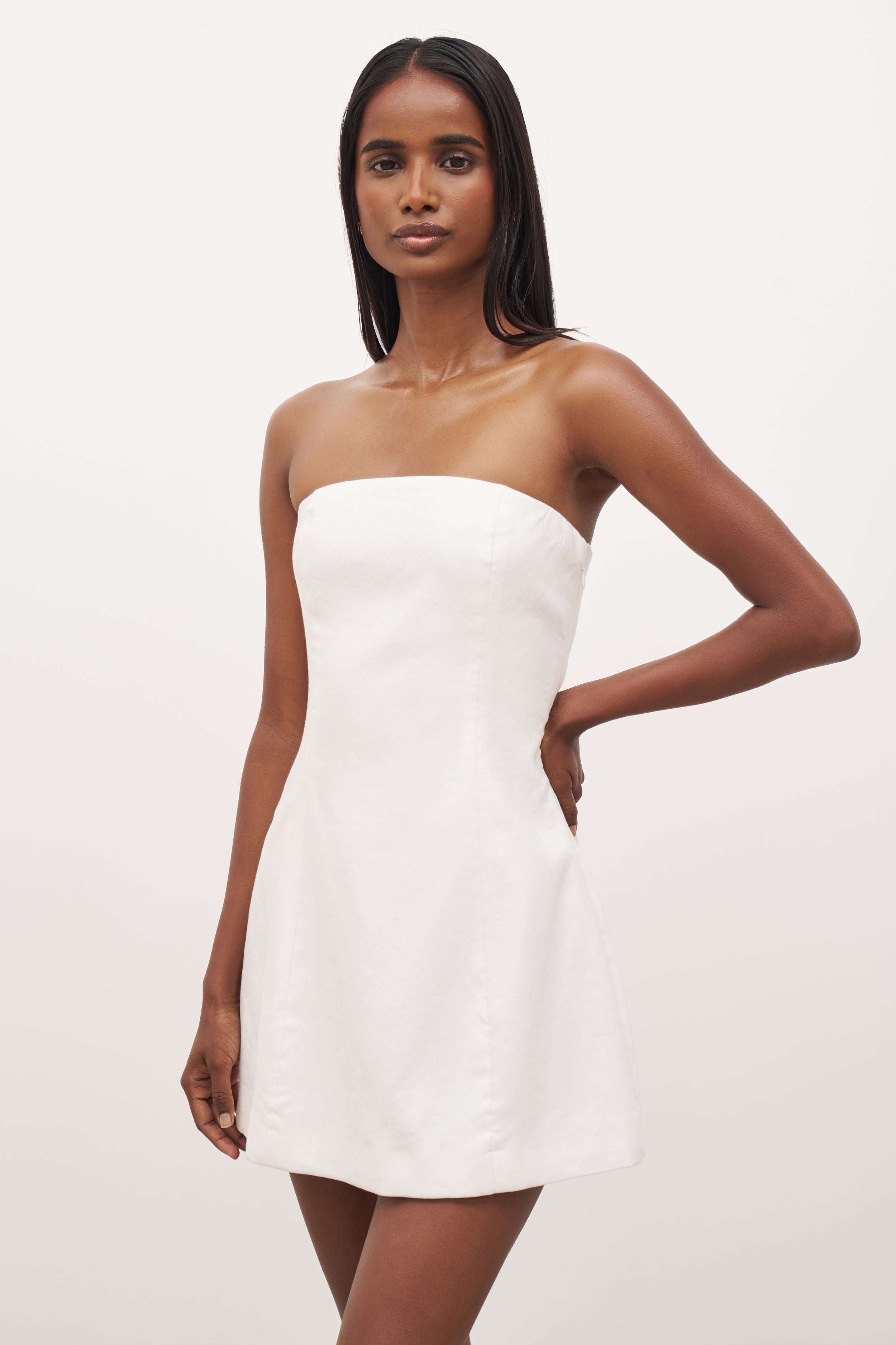 Strapless Linen A Line Mini Dress White BOA