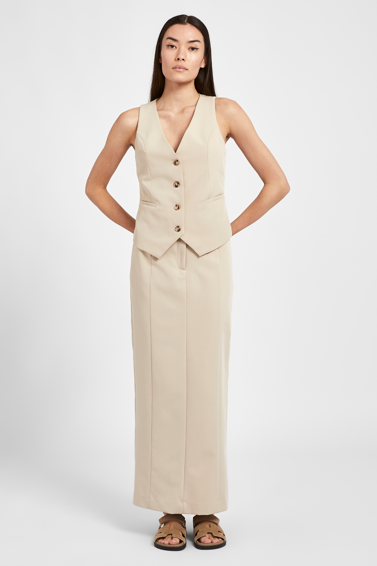 Tailored Seam Detail Maxi Skirt Sand