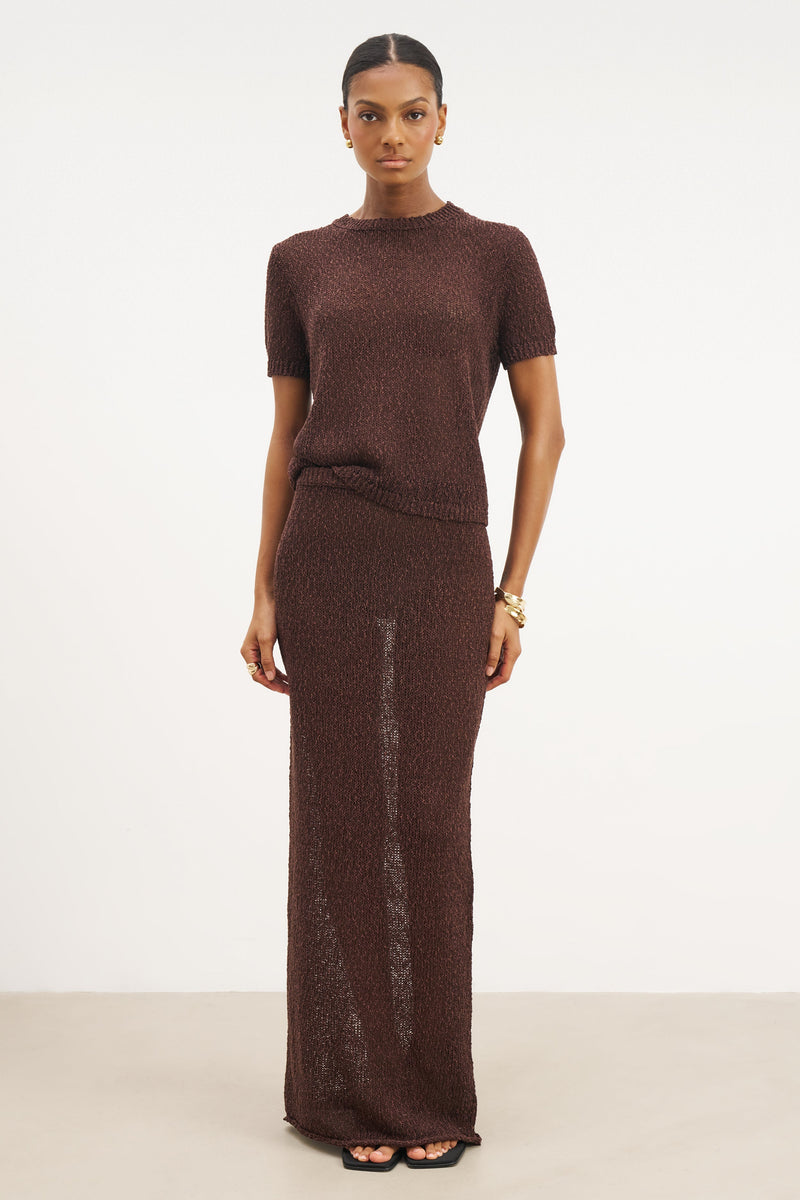 Crochet Knit Maxi Skirt - Carob