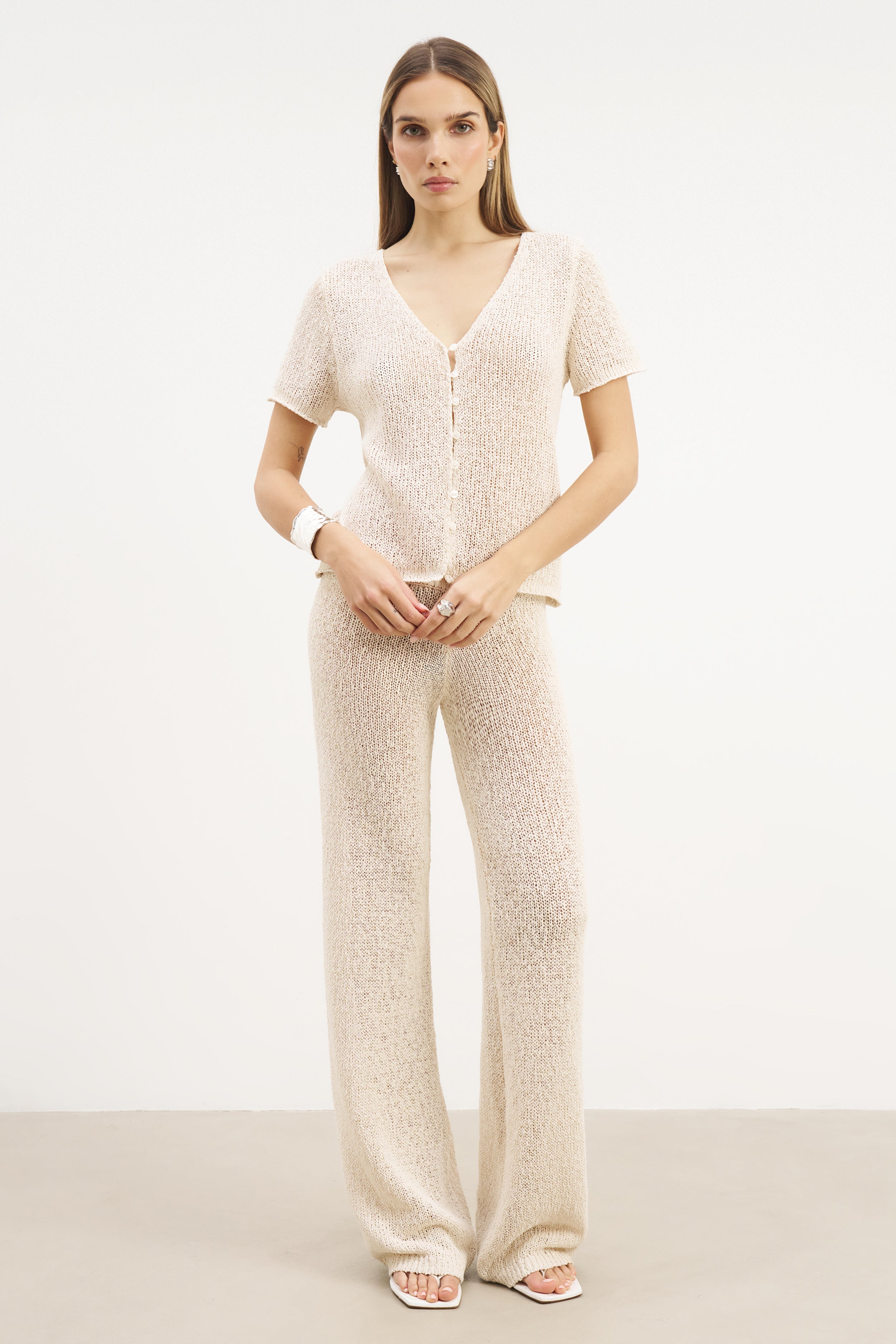 Crochet Knit Wide Leg Trousers - Cream | BOA