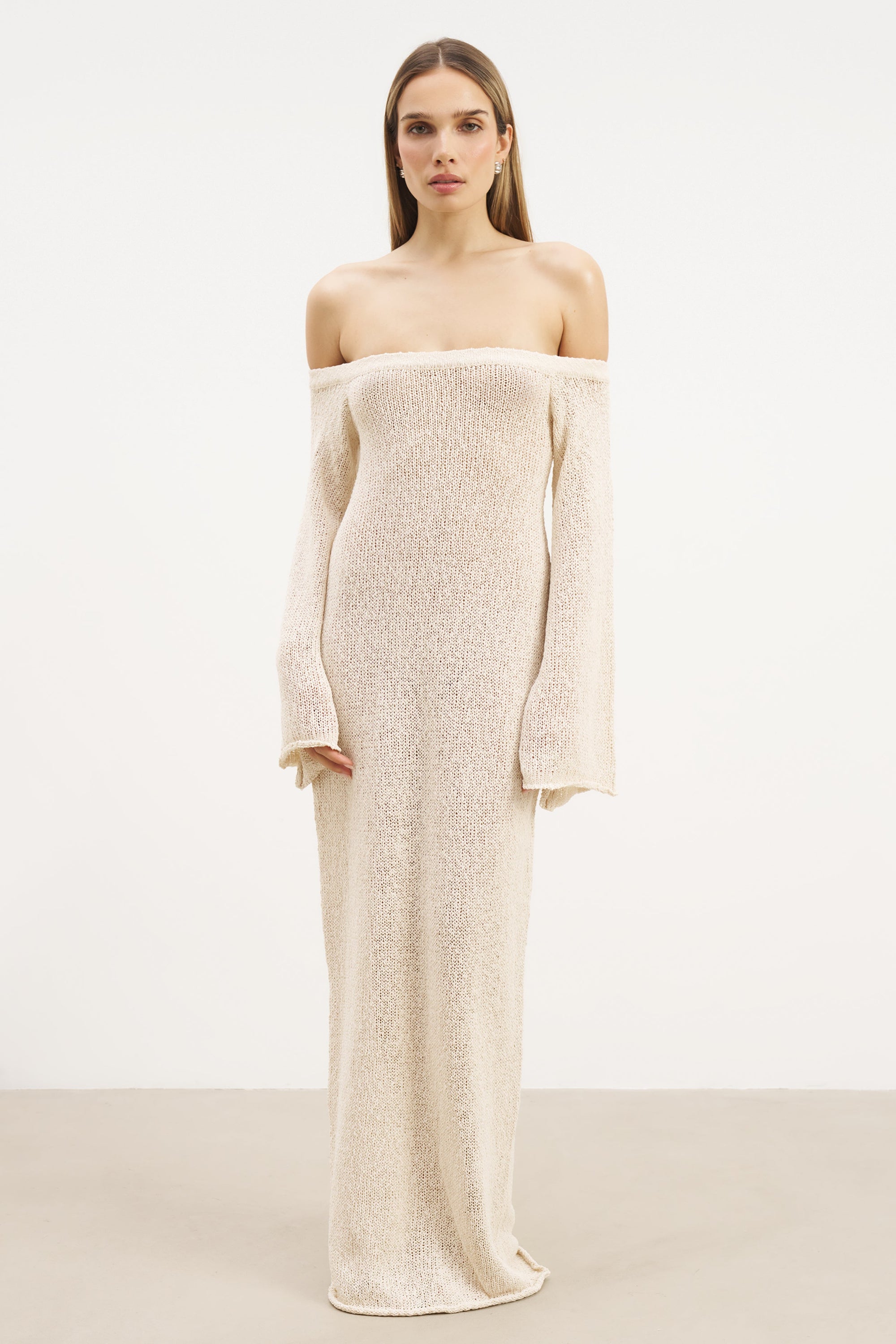 Crochet Knit Off Shoulder Maxi Dress - Cream