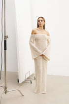 Crochet Knit Off Shoulder Maxi Dress - Cream
