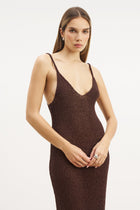 Crochet Knit Plunging Cami Maxi Dress - Carob