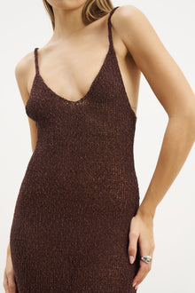 Crochet Knit Plunging Cami Maxi Dress - Carob