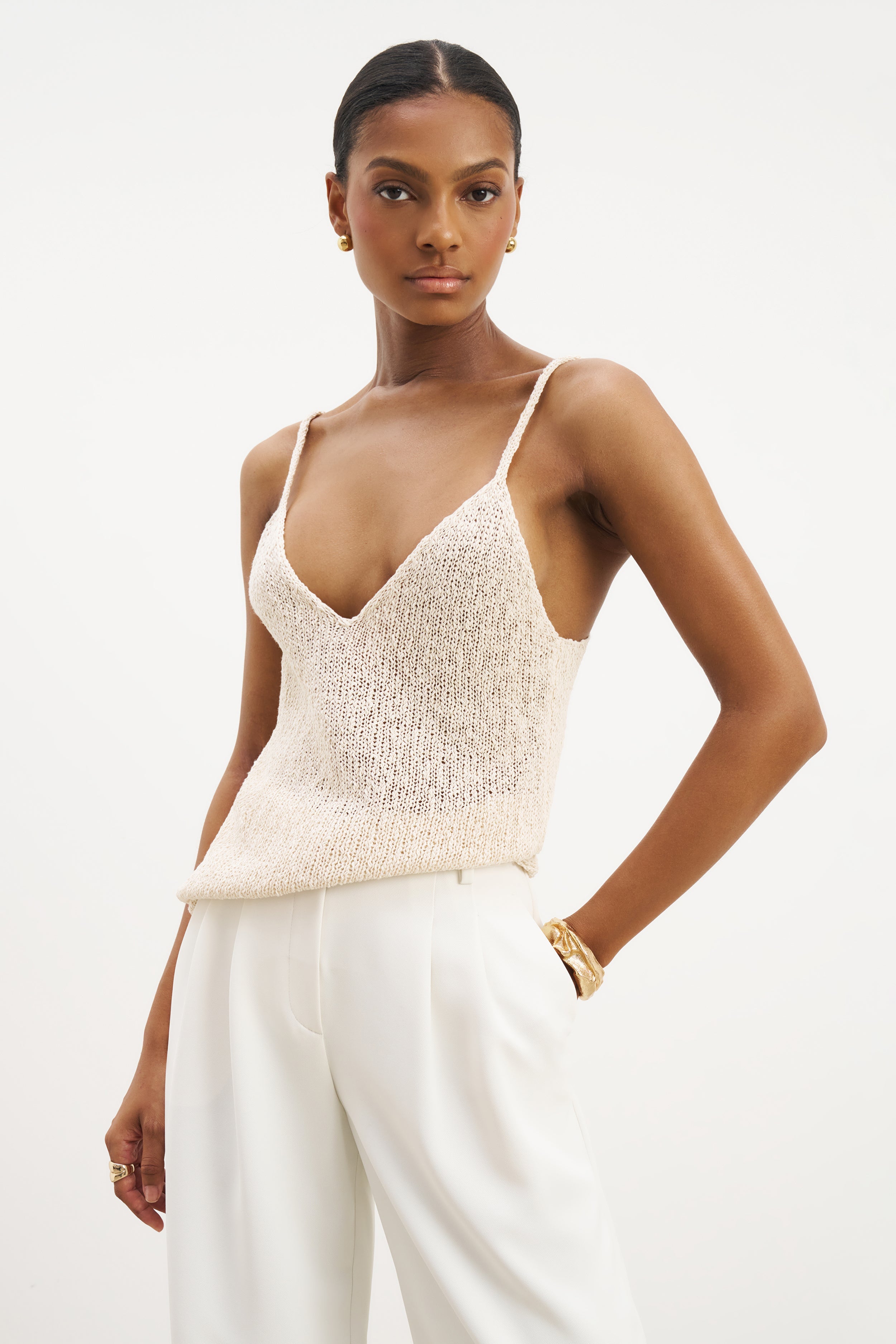 Crochet Knit Plunging Cami Top - Cream | BOA