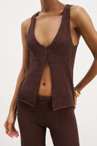Crochet Knit V Neck Waistcoat - Carob
