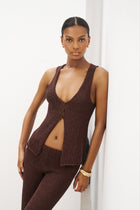Crochet Knit V Neck Waistcoat - Carob