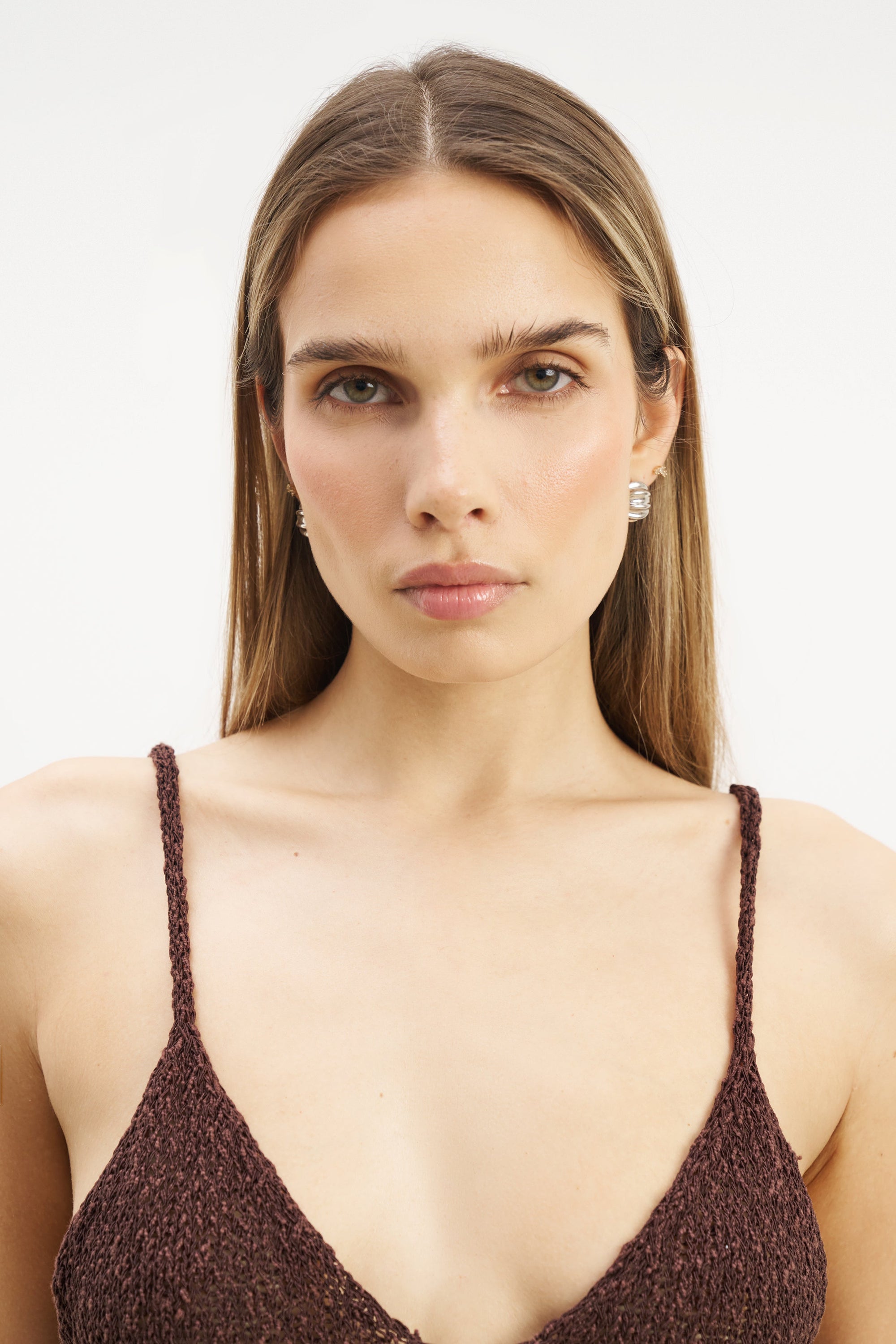 Crochet Knit Plunging Cami Top - Carob