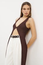 Crochet Knit V Neck Maxi Waistcoat - Carob