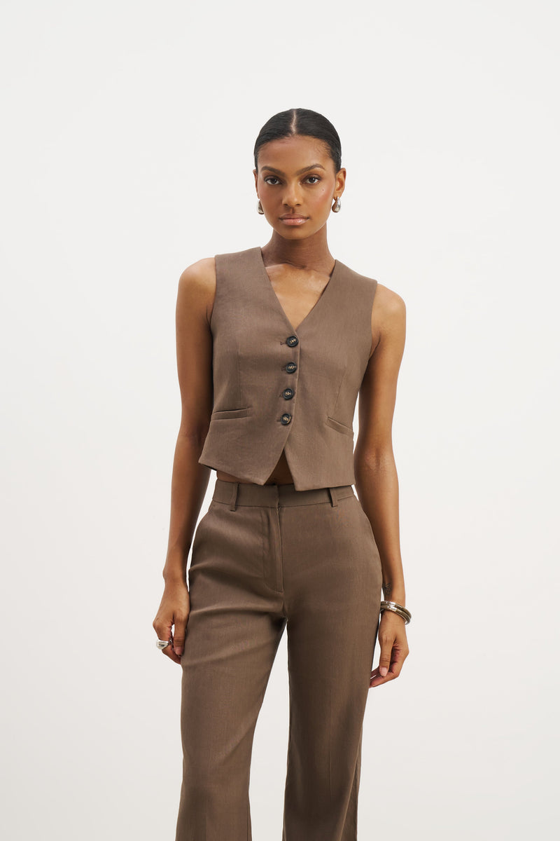Straight Cut Linen Waistcoat - Truffle