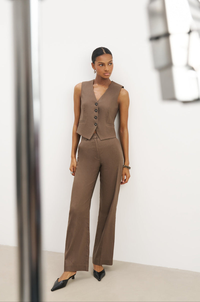 Tailored Linen High Rise Trousers - Truffle