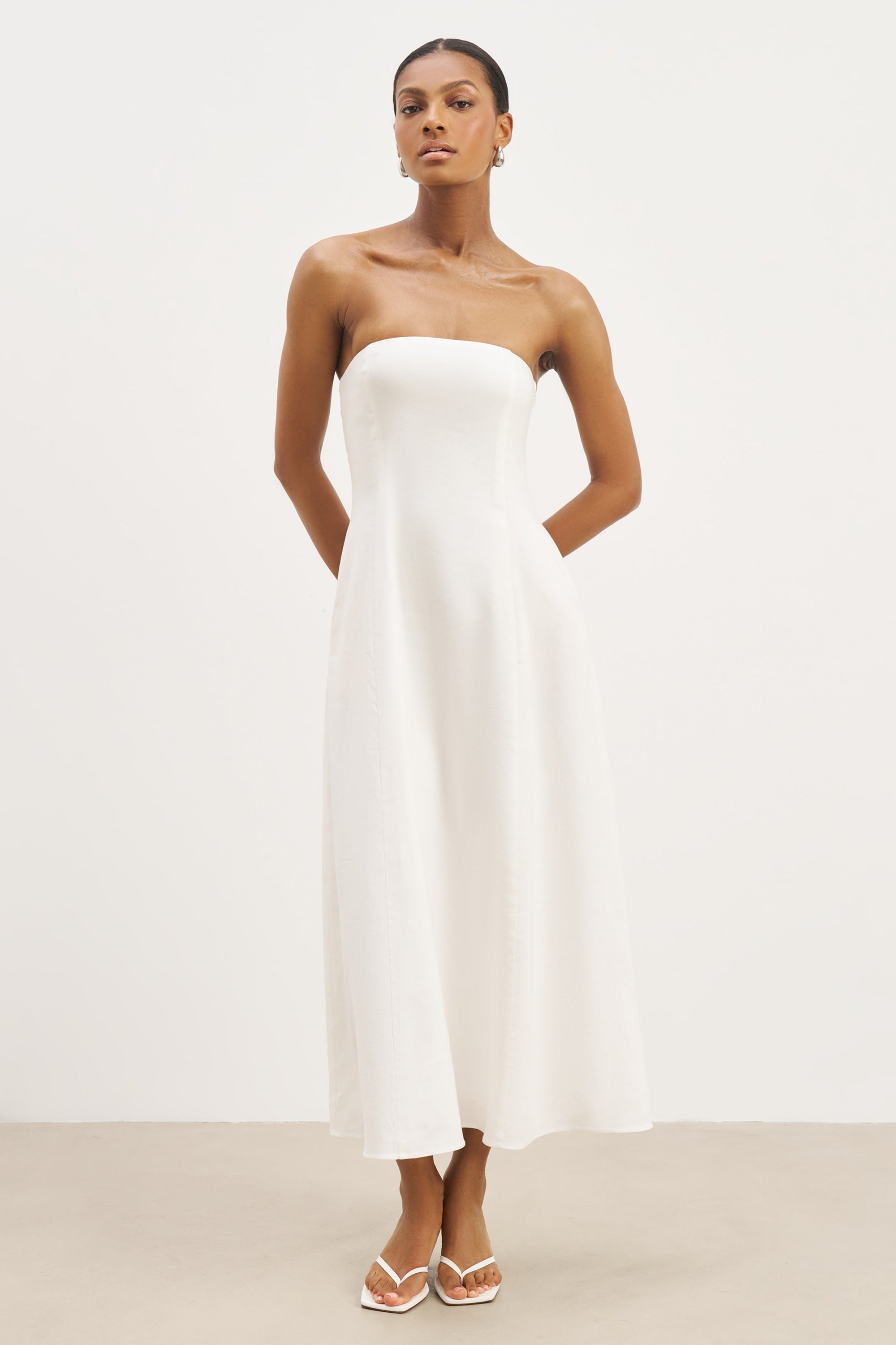 Strapless Linen A Line Maxi Dress - White