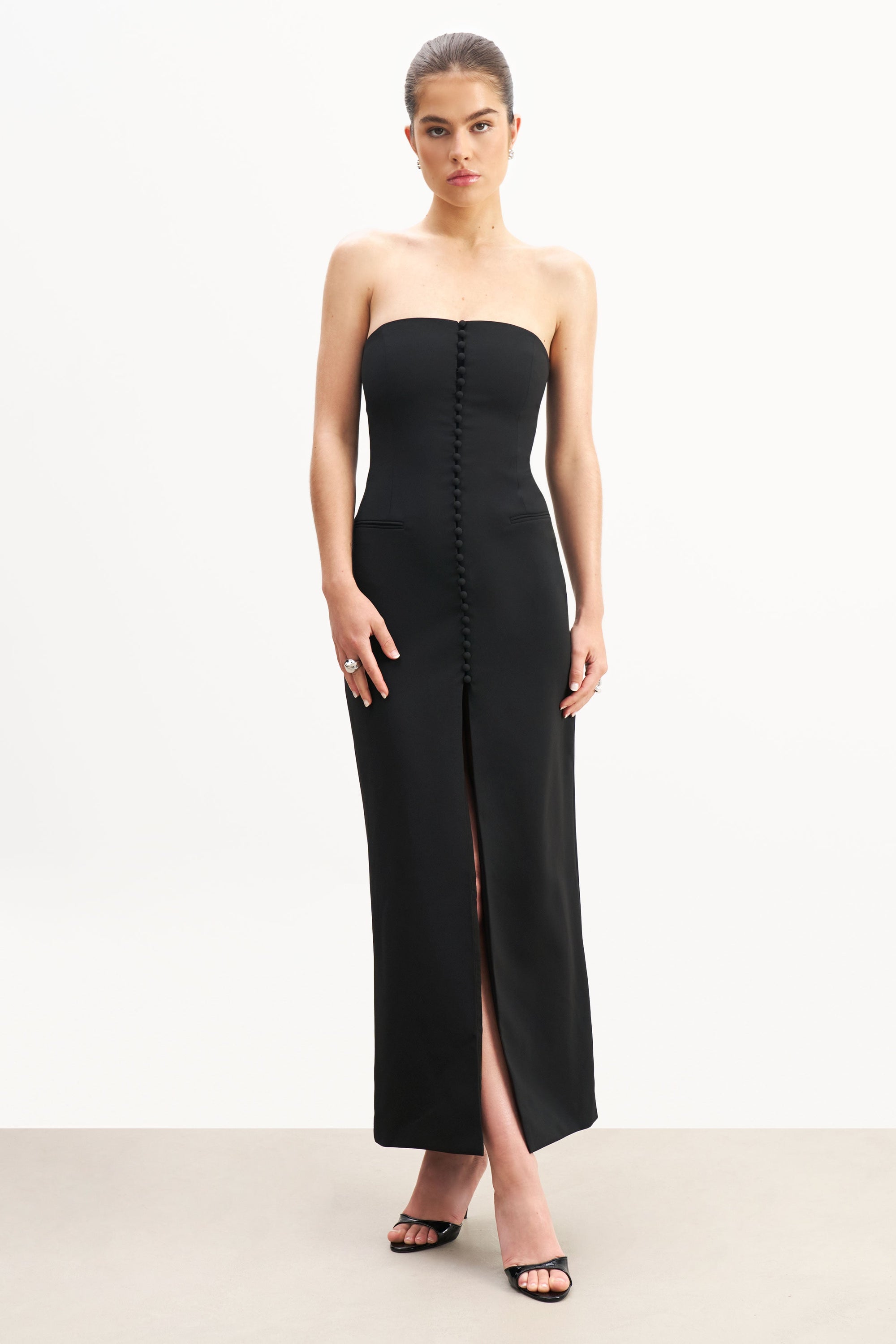 black peplum strapless dress Black Strapless Peplum Midi Dress