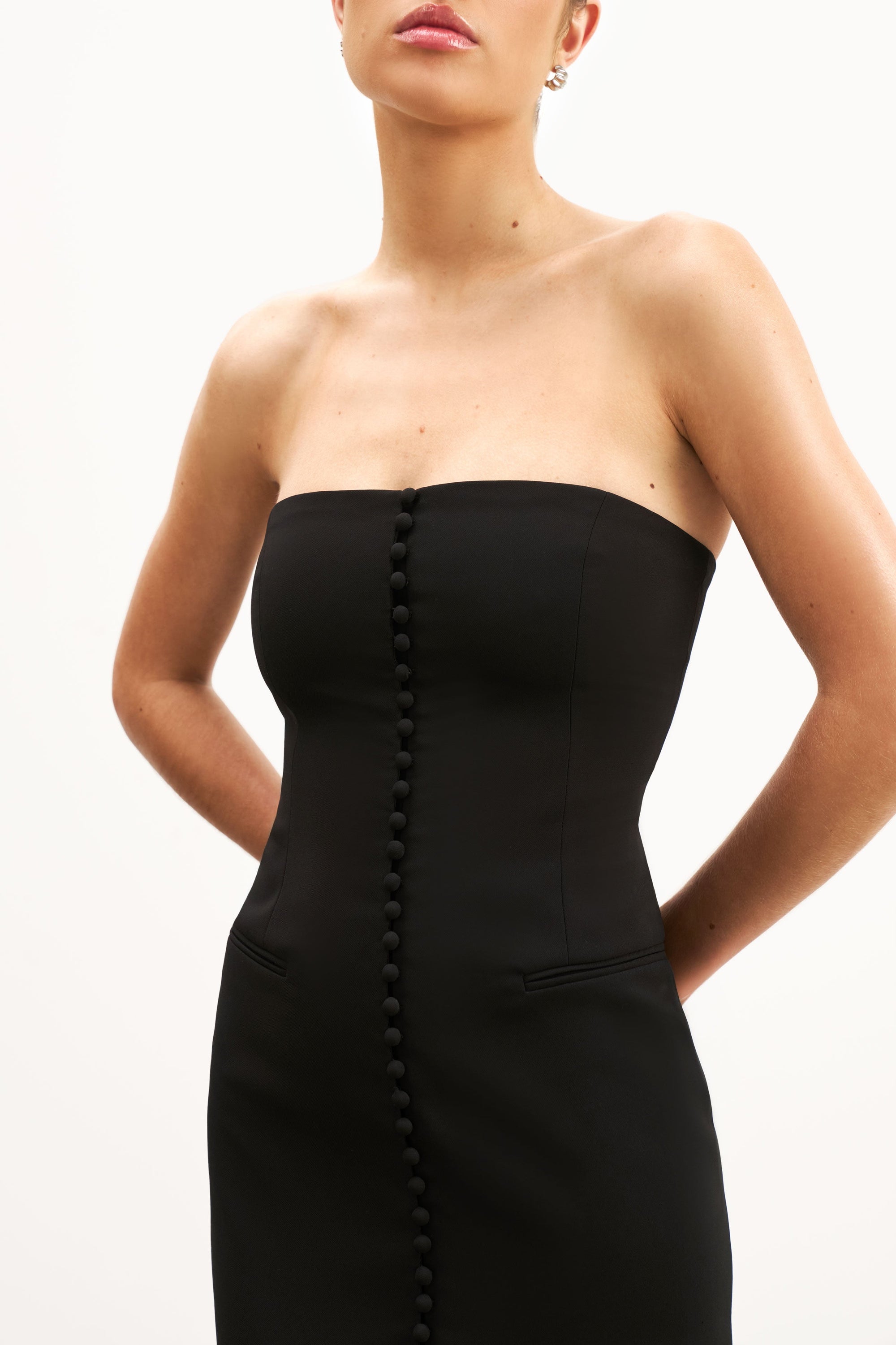 black strapless peplum dress Strapless Peplum Gown