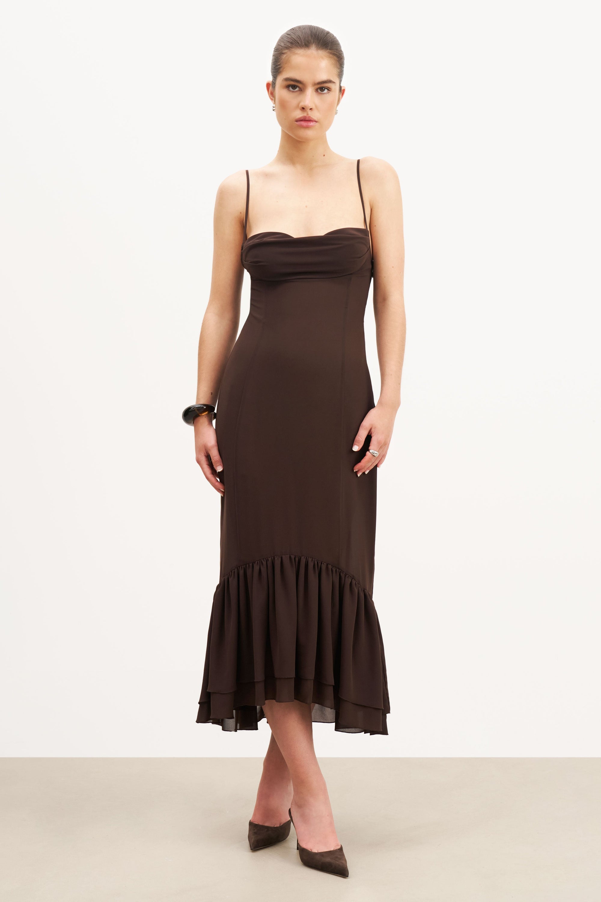 ruched bust midi dress Chiffon Ruffle Ruched Bust Midi Dress - Carob