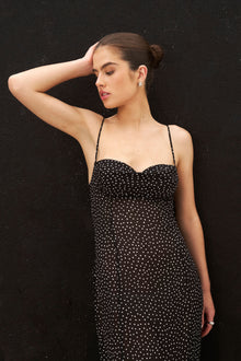 Chiffon Ruffle Ruched Bust Midi Dress - Mini Polka Dot