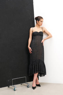 Chiffon Ruffle Ruched Bust Midi Dress - Mini Polka Dot