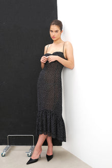 Chiffon Ruffle Ruched Bust Midi Dress - Mini Polka Dot