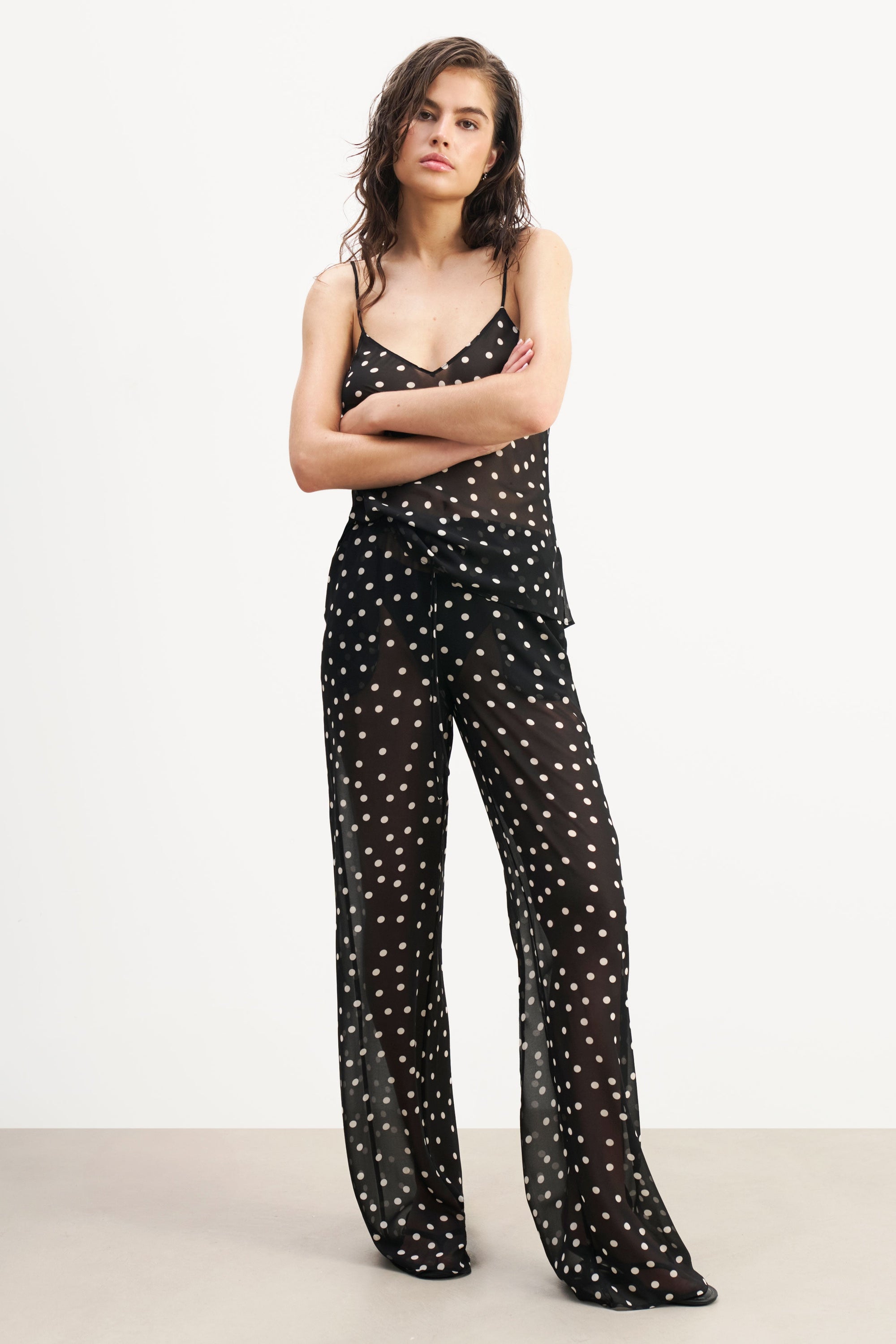 Chiffon Relaxed Wide Leg Trousers - Maxi Polka Dot
