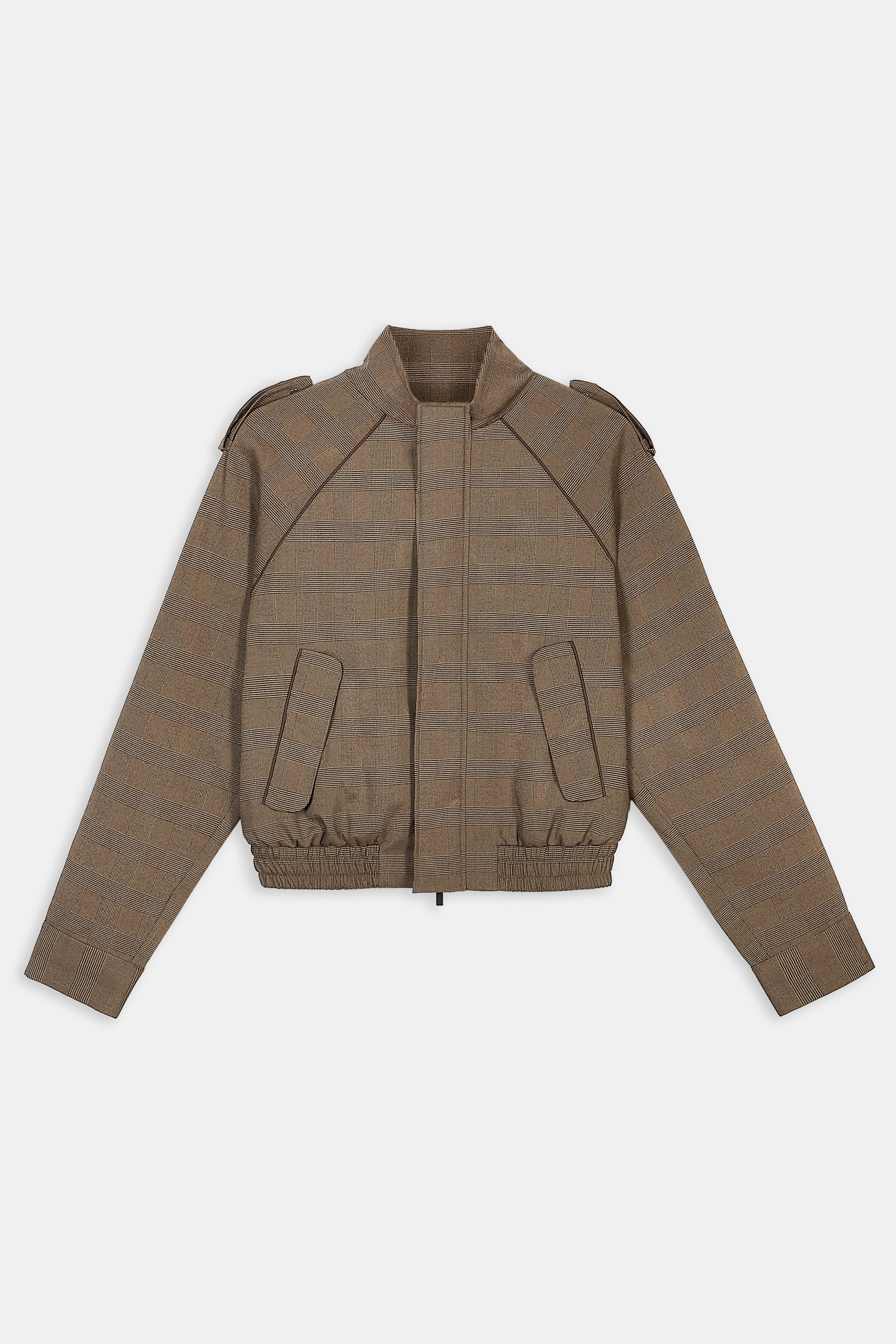 Relaxed High Collar Bomber Jacket - Carob Check | BOA