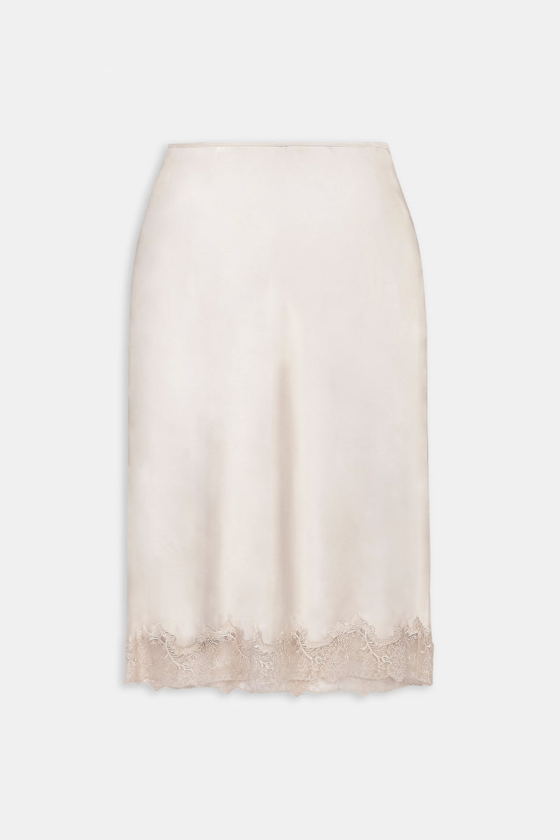 Satin Lace Detail Midi Skirt - Champagne