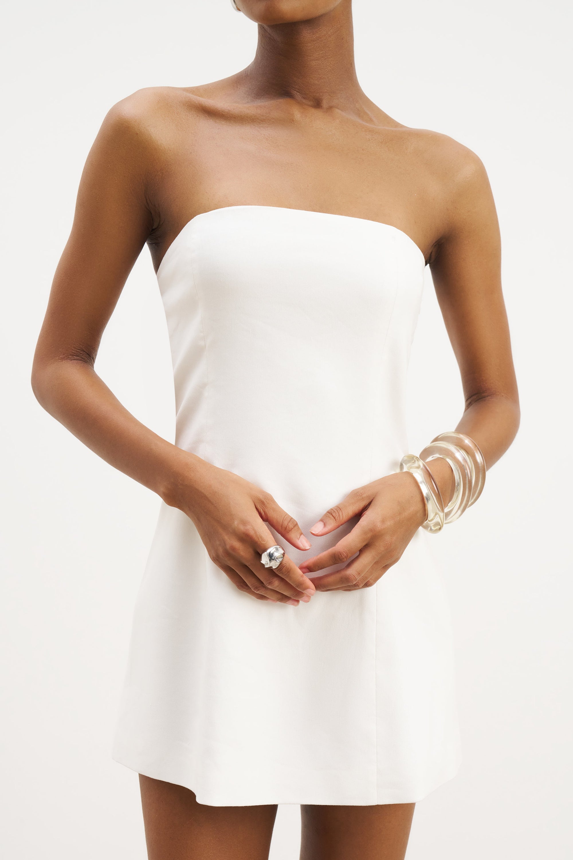 Strapless Linen A Line Mini Dress - White Strapless Linen A Line Mini Dress - White